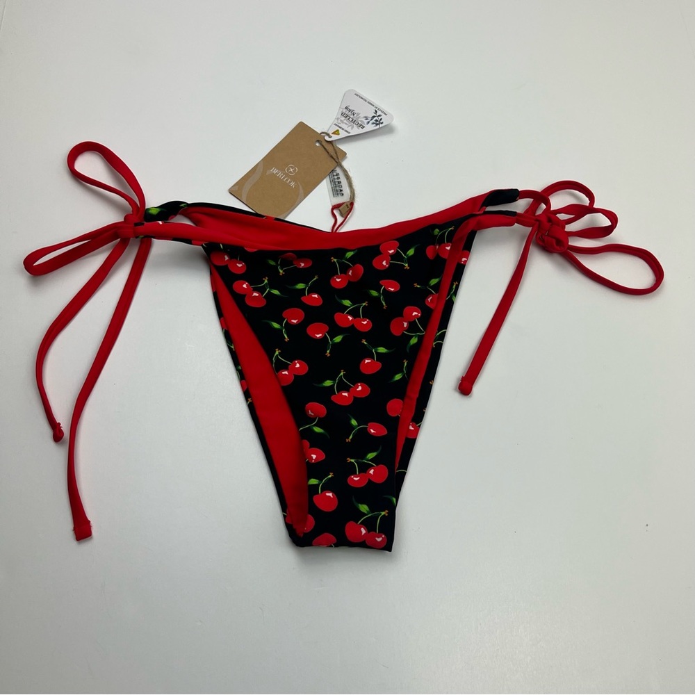 Berlook Cherry Cherries‎ Swim String Bikini Bottom Womens Medium Red Black NEW